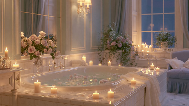 Luxury bathroom prepared for relaxation, featuring a bathtub filled with water, floating rose petals, and many lit candles creating a tranquil spa atmosphere