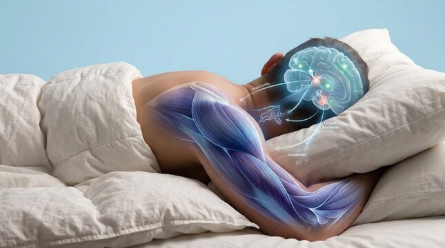 Medical illustration of a person sleeping with anatomical overlay showing brain activity and muscle recovery process