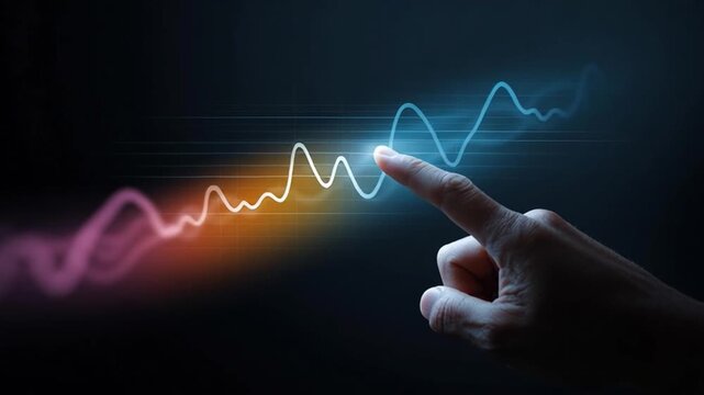 Finger pointing at glowing colorful wave line and rising graph with dark background symbolizing technology innovation digital interaction futuristic hand growth progress data analysis light effects
