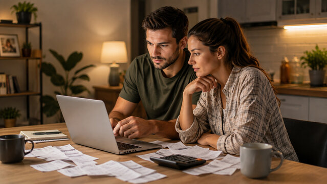 Couple managing household finances and reviewing bills on laptop at home