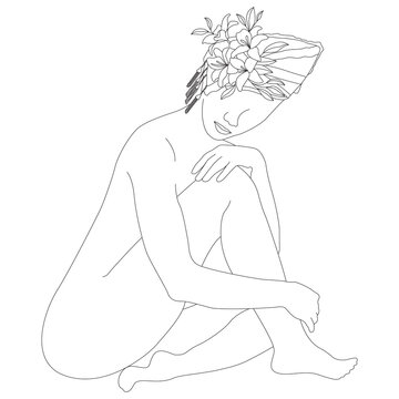 Line Art Woman in Pensive Pose with Turban and Flowers Vector Illustration Isolated on White Background