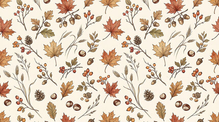 Fototapeta premium Autumn Woodland Seamless Pattern with Maple Leaves Acorns Chestnuts Berries Pinecones and Dried Foliage