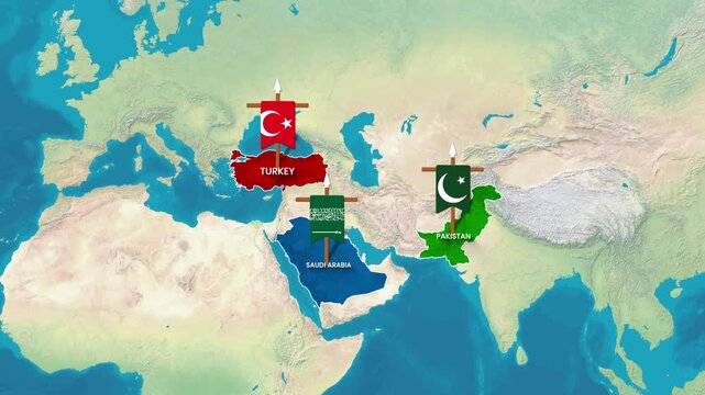 Turkey, Saudi Arabia, and Pakistan Map Animation Showing Traditional Flag Banners