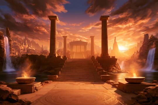 Ancient greek temple ruins with sunset and waterfalls