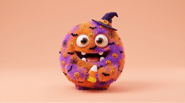 Fluffy round Halloween monster with a witch hat holding a candy corn. Cute cartoon creature character decorated with tiny bats and pumpkins. Fun holiday design for seasonal event.