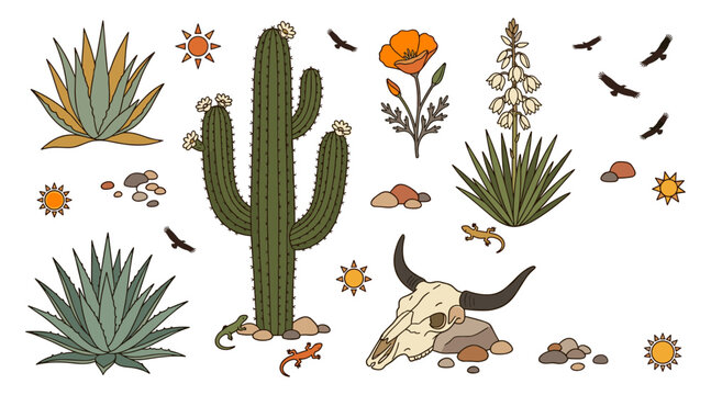 Desert Landscape Vector Element Set with Saguaro Cactus Agave Plants Bull Skull Wildflowers Birds and Sun Icons for Western Illustrations