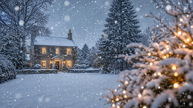 Cozy stone house with glowing windows and festive decorations, surrounded by snow covered trees during a beautiful winter night