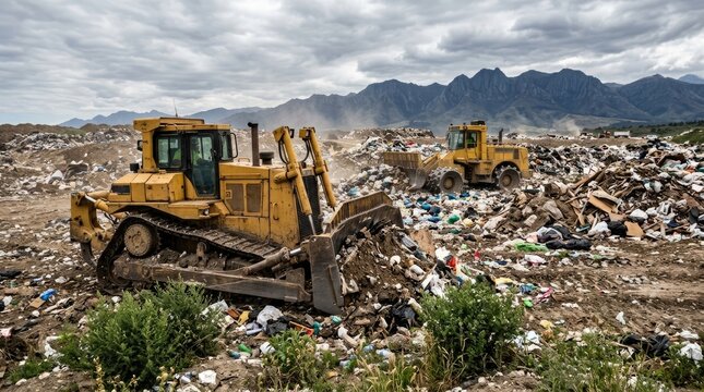 Industrial machinery operating at a large landfill site with mountain landscape background