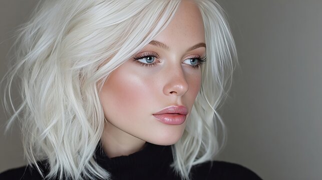 Stunning portrait of young woman with platinum blonde hair, soft waves, fresh natural makeup look.