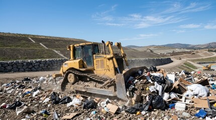 Fototapeta premium Industrial Bulldozer Working at a Large Municipal Landfill Waste Site