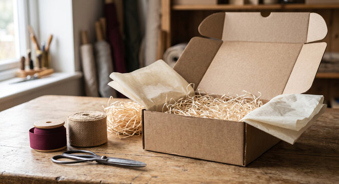 Open kraft gift box lined with white tissue and shredded paper filler beside scissors, twine spools, and packing materials inside a bright professional packaging studio