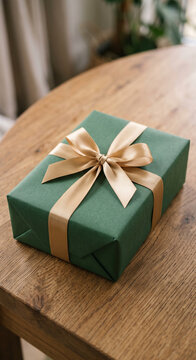 Green wrapped gift box finished with a wide gold satin ribbon and bow on a round wooden table in gentle natural light inside a bright professional packaging studio