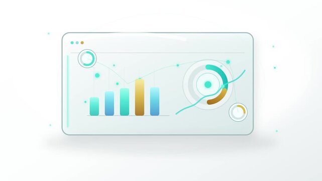 Financial data points flowing into transparent analytics dashboard with forming charts in seamless loop