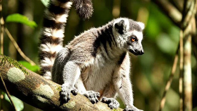 Close Up Of A Lemur Sitting On A Tree Branch With Ringed Tail In A Lush Green Forest Background