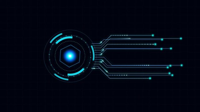 Futuristic digital hud interface with glowing circuit board elements and hexagon center on black background.