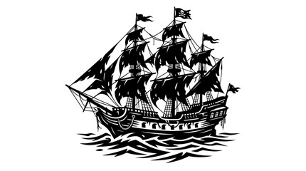 Halloween Vintage pirate ship vector illustration, black silhouette sailing vessel with tattered sails, antique nautical galleon on ocean waves vector © MstRahela
