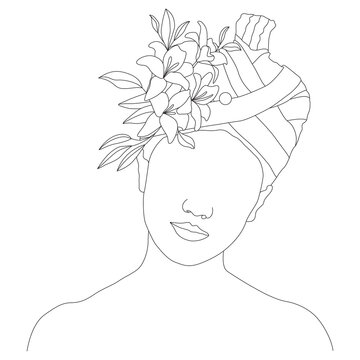 Minimalist Line Art Woman Portrait with Turban and Floral Crown Vector Isolated on White Background