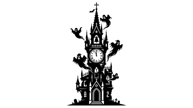 Halloween Gothic haunted clock tower silhouette, spooky Halloween mansion with ghosts and bats, dark mystical cathedral vector illustration vector