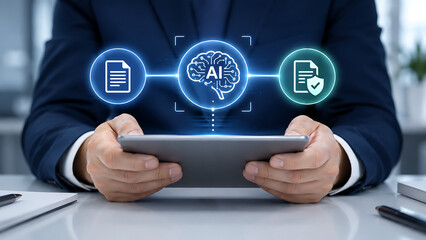 Obraz premium Businessman Uses Tablet with AI Brain and Digital Document Icons for Data Management and Security