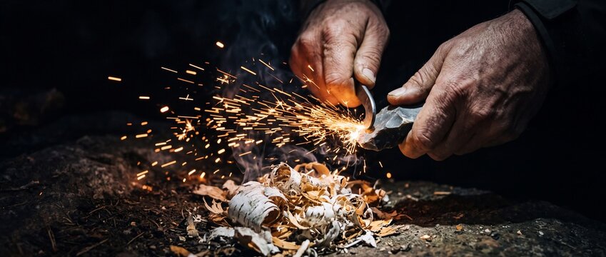Outdoorsman igniting fire with flint and steel creating golden sparks hitting dry birch bark tinder for primitive wilderness survival camp