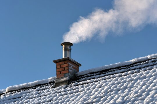 Chimney smoke rising from snow covered roof