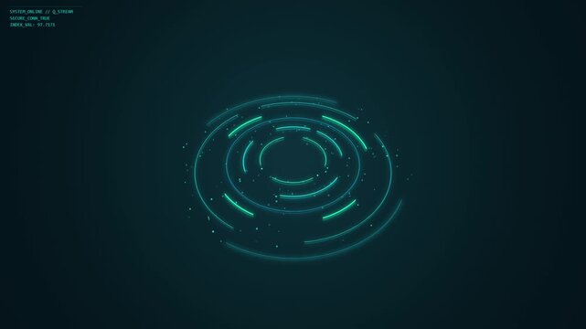 Futuristic HUD graphic with rotating concentric circles and data.