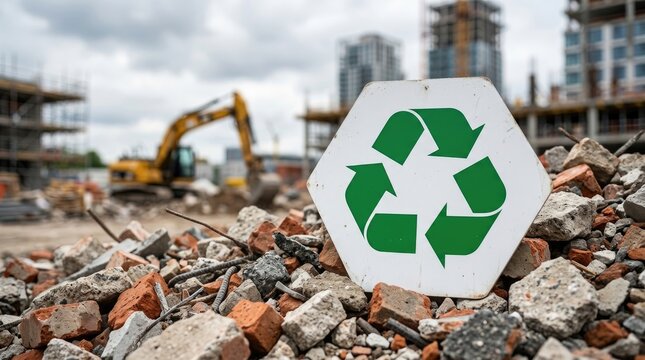 Recycling Sign on Construction Debris at a Demolition Site