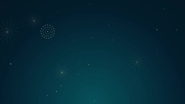 Minimalist golden fireworks animation on dark teal gradient background with sparkling stars motion graphics.