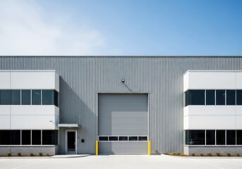 Naklejka premium Modern industrial warehouse exterior showcasing a minimalist corrugated metal facade with a clean finish and a large gray metal garage door, design, real estate, warehouse