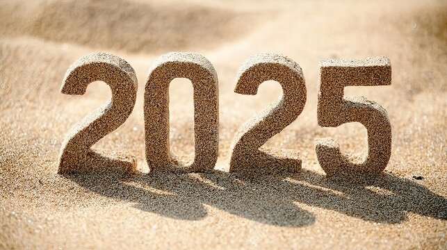 The year 2025 written with textured numeric sand art on a sunny beach shore, decorative landscape.