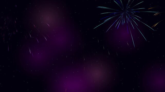 Sparkling fireworks exploding across dark purple night sky motion background.