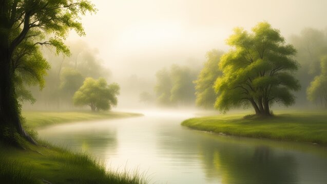 Winding river flowing through green foggy forest in soft morning light