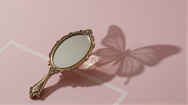 Vintage mirror casts butterfly shadow on soft pink background, elegant and dreamy.