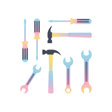 Vector Set of Hand Tools Including Hammer, Screwdriver, Wrench, Pliers, Saw and Knife for Construction, Carpentry, Repair and Hardware Work