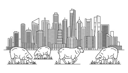 Obraz premium Modern City Skyline Vector Illustration Featuring a Group of Cute Sheep Grazing Peacefully in the Foreground Meadow for Agricultural Concept