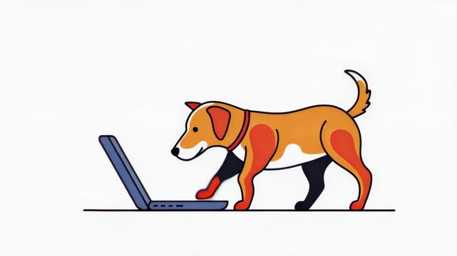 Dog using laptop for work. Funny animal technician typing on computer. Creative character digital task execution and online communication concept for social media.