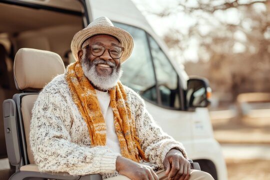 Senior black man smiling enjoying accessible van travel