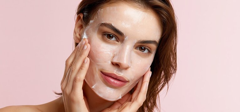 A woman rejuvenates her skin with a salmon DNA serum sheet mask for a radiant, hydrated complexion.