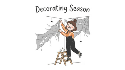Halloween Decorating Fun: A young girl excitedly decorates for Halloween, hanging spiderwebs and adding a festive touch with a small pumpkin, embodying the spirit of the season.