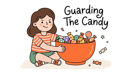 Guarding the Candy: A young girl with brown hair sits protectively beside a large bowl overflowing with colorful candies and sweets.