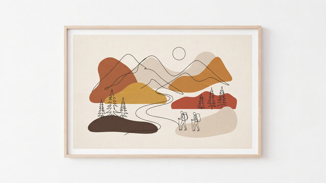 abstract organic shapes and line art mountain hiking framed poster