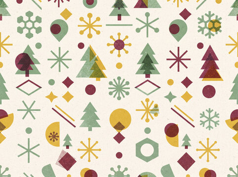 risograph snow and holiday geometric seamless pattern background
