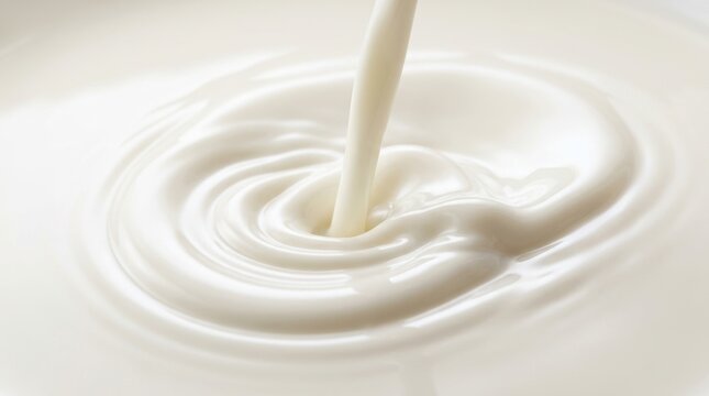 Fresh white milk pouring into a bowl creating smooth concentric circular ripples and soft shadows