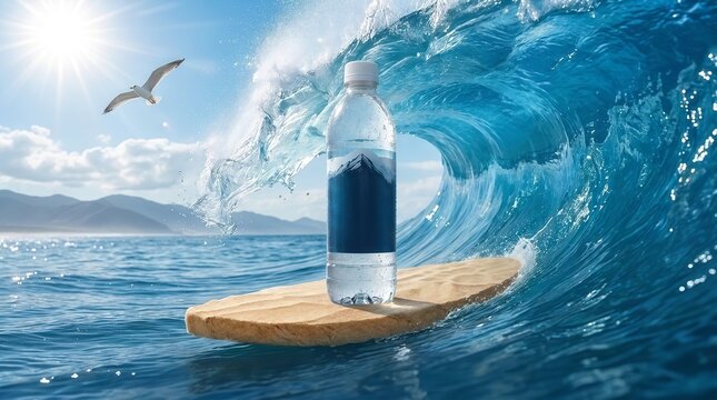 A water bottle with a mountain logo surfing on a sandy surfboard