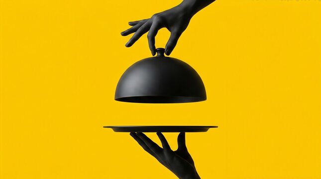 Black serving cloche being lifted by a hand on yellow background