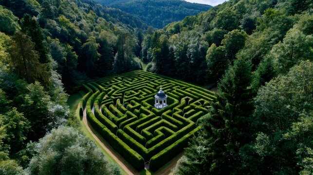 Green hedge maze with central pavilion in forest