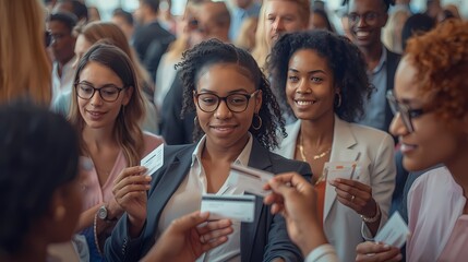 Obraz premium People exchanging business cards at a networking event in a busy conference venue in the afternoon