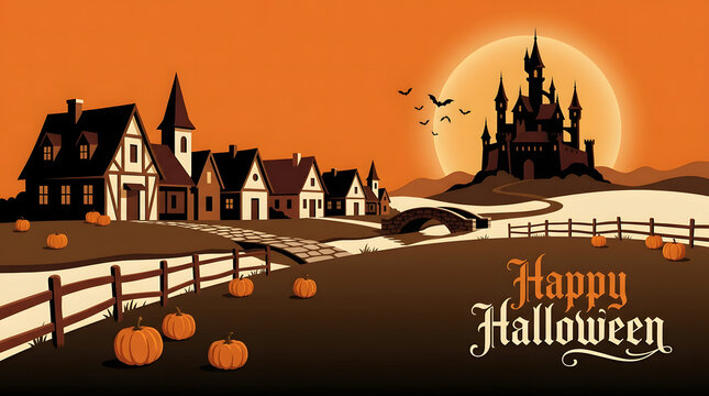Happy Halloween text illustration, spooky village and haunted castle silhouette, orange sunset landscape with pumpkins, seasonal graphic design background