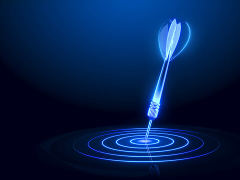 Target objective success concept. Target goal dart bullseye growth aim. Blue dart hit a target. 3d illustration.