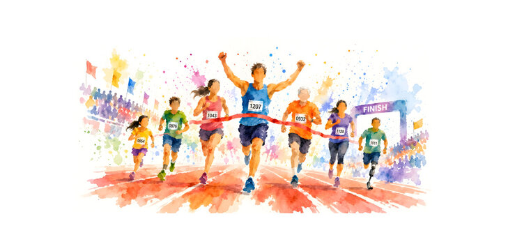 ​Champion runner breaking the finish line ribbon in a sports day marathon event.